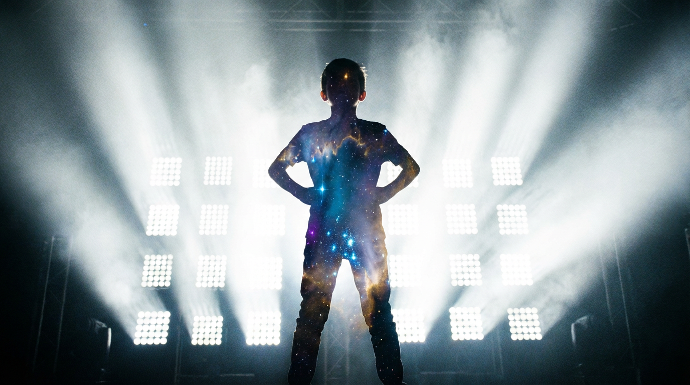 Silhouette of a young pop star in power pose against stage lights