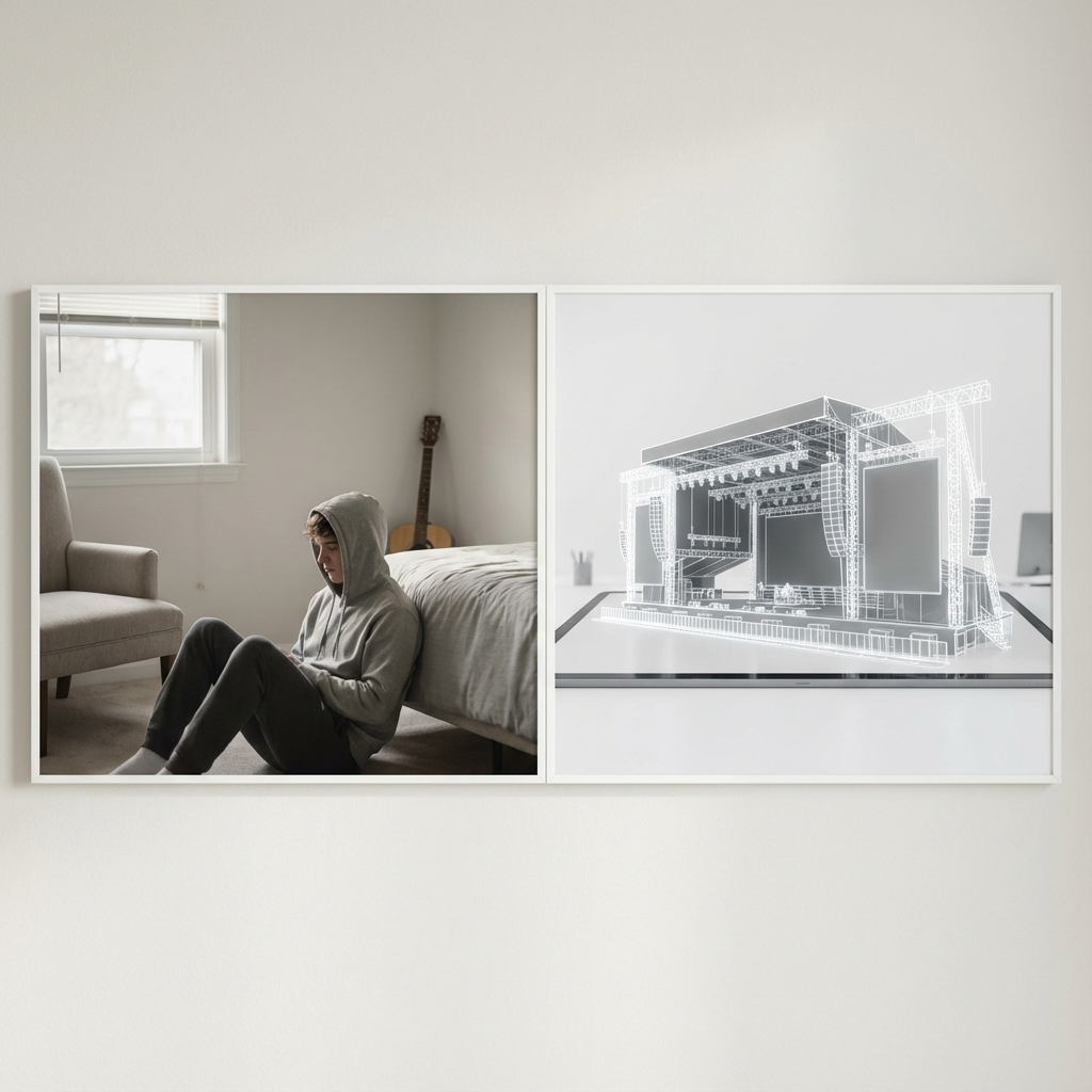 A split composition: A sad child in a dim room vs a massive wireframe stage waiting to be filled.